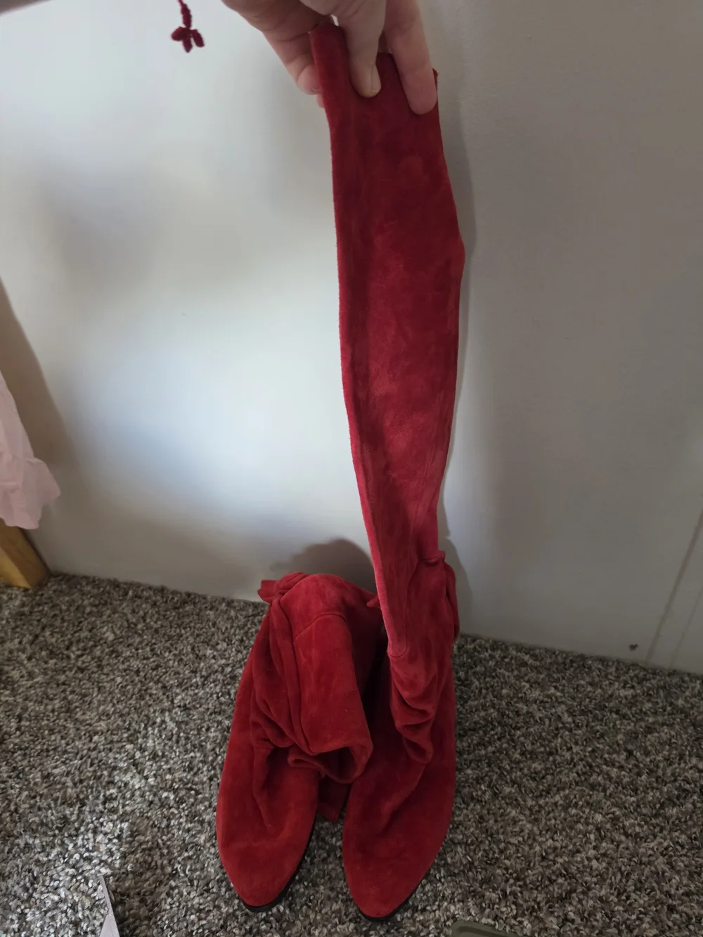 Vintage Red Suede Knee High Slouch Boots Made in Yugoslavia Size 8M Bow Accent